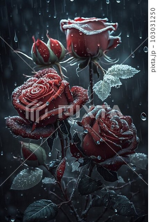 Red Roses in the Snow in the Garden. Generative ai Red Roses in the Snow in the Garden. Generative ai 103031250
