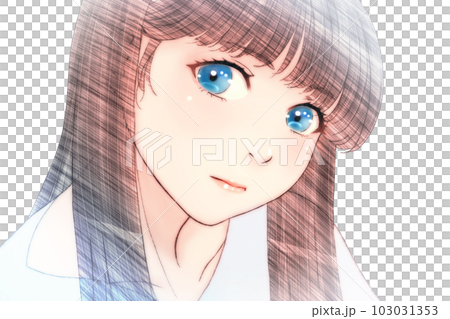 Line drawing color illustration of a girl with a relaxed & serious look Eyes = blue No background Light lipstick Horizontally reversed version 103031353