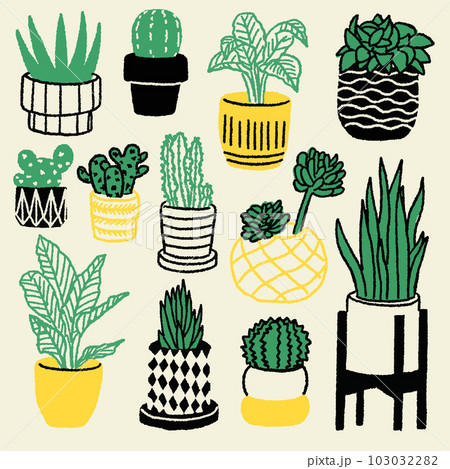 Set of hand drawn green plants in pots texture pattern background. Houseplants such as cactus and succulent vector on light background. Minimal simple botanical illustration.  103032282