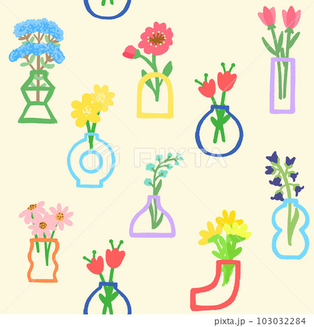 Hand drawn pastel flowers in abstract modern vases. Flower in vase seamless pattern vector background. Design element isolated. 103032284