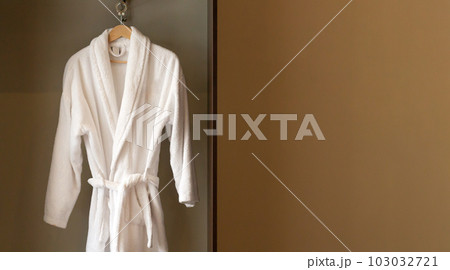 Hanger with clean white bathrobe in hotel wardrobe Hanger with clean white bathrobe in hotel wardrobe 103032721