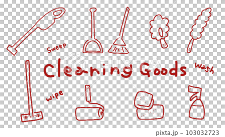 Cute hand drawn illustration of cleaning goods. Vacuum cleaner, broom and dustpan, wiper, mop, rag, spray Cute hand drawn illustration of cleaning goods. Vacuum cleaner, broom and dustpan, wiper, mop, rag, spray 103032723