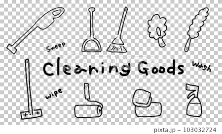 Cute hand drawn illustration of cleaning goods. Vacuum cleaner, broom and dustpan, wiper, mop, rag, spray 103032724