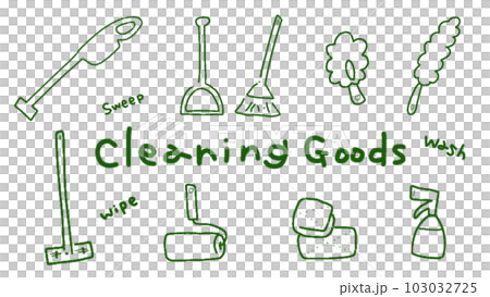 Cute hand drawn illustration of cleaning goods. Vacuum cleaner, broom and dustpan, wiper, mop, rag, spray Cute hand drawn illustration of cleaning goods. Vacuum cleaner, broom and dustpan, wiper, mop, rag, spray 103032725