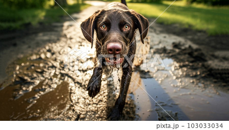 Funny dog playing in mud puddle, a beautiful dog with joy jumping in a muddy puddle, dirty brown fur,happy portrait of a dirty funny dog in nature Funny dog playing in mud puddle, a beautiful dog with joy jumping in a muddy puddle, dirty brown fur,happy portrait of a dirty funny dog in nature 103033034
