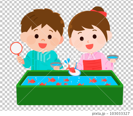 お祭りで金魚すくいをする男の子と女の子　イラスト 103033327