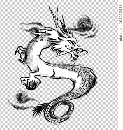 龍のモノトーン手描き線画イラスト　雲模様付き 103033858