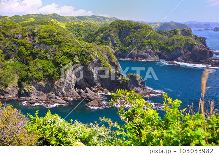伊豆半島・南伊豆・石廊崎の風景、灯台から眺めるジオパークの日本らしい海岸風景・静岡県南伊豆町(1) 103033982