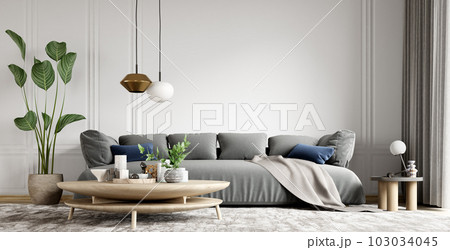 Modern interior design of living room with grey sofa and wooden coffee table. 3d rendering 103034045
