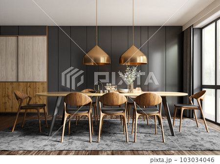 Interior of modern dining room, dining table and wooden chairs against black panelling wall. Home design. 3d rendering 103034046