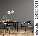 Interior of modern dining room, dining table and wooden chairs against black wall. 3d rendering 103034063