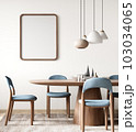 Interior of modern dining room, dining table and chairs against white wall with empty frame. 3d rendering 103034065