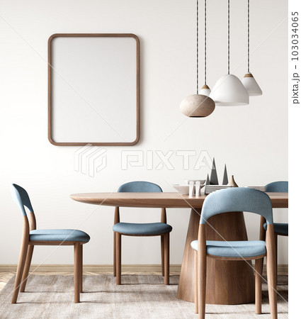 Interior of modern dining room, dining table and chairs against white wall with empty frame. 3d rendering Interior of modern dining room, dining table and chairs against white wall with empty frame. 3d rendering 103034065