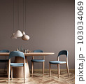 Interior of modern dining room, dining table and blue fabric chairs against beige wall. 3d rendering 103034069