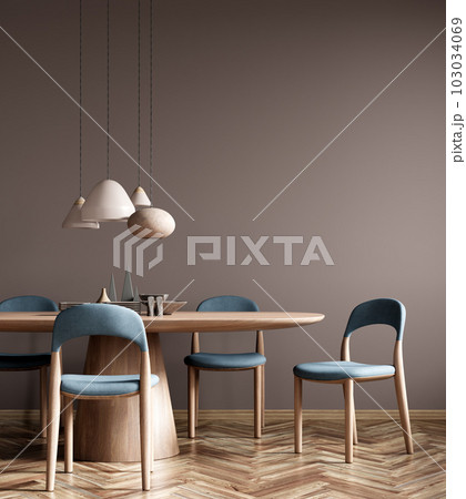 Interior of modern dining room, dining table and blue fabric chairs against beige wall. 3d rendering Interior of modern dining room, dining table and blue fabric chairs against beige wall. 3d rendering 103034069