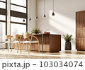 Wooden chairs near kitchen island. Interior design of modern dining room. 3d rendering. 103034074