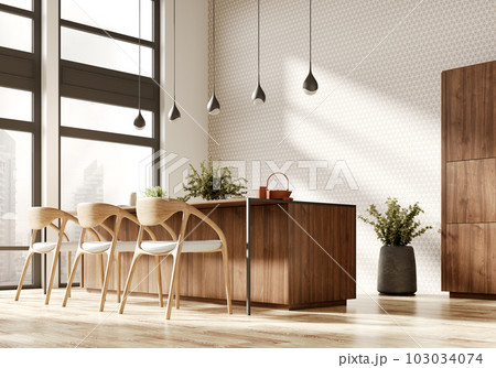 Wooden chairs near kitchen island. Interior design of modern dining room. 3d rendering. 103034074