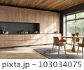 Modern interior design of wooden kitchen with round dining table and chairs near window, dining table and chairs. 3d rendering. 103034075