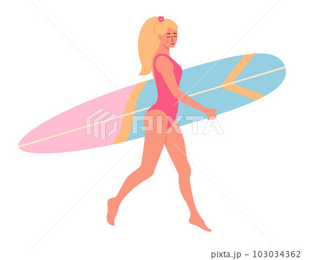 Beautiful woman in swimsuit with surfboard. Beach surfer blonde girl. Active summer, Healthy Lifestyle, Surfing, Summer Vacation concept 103034362