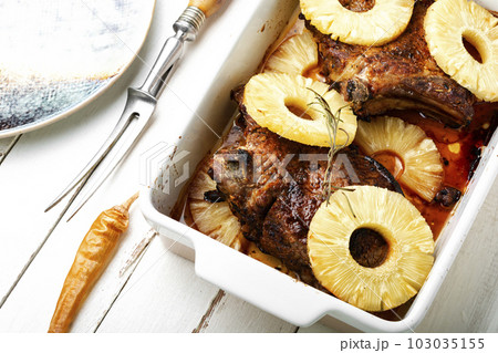 Roasted meat with pineapple. Roasted meat with pineapple. 103035155