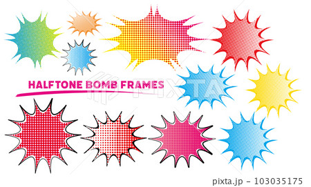 チラシに使いやすいカラフルなハーフトーン柄の爆弾フレームセット チラシに使いやすいカラフルなハーフトーン柄の爆弾フレームセット 103035175