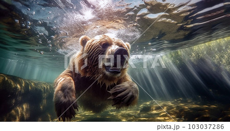 Bear swimming under water, fishing, The Kamchatka brown bear, Ursus arctos beringianus catches salmons at Kuril Lake in Kamchatka, running in the water, action picture Bear swimming under water, fishing, The Kamchatka brown bear, Ursus arctos beringianus catches salmons at Kuril Lake in Kamchatka, running in the water, action picture 103037286