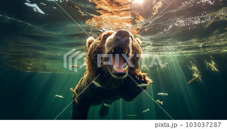 Bear swimming under water, fishing, The Kamchatka brown bear, Ursus arctos beringianus catches salmons at Kuril Lake in Kamchatka, running in the water, action picture 103037287