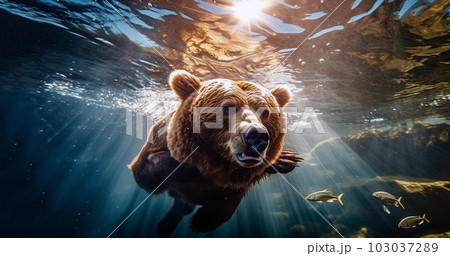 Bear swimming under water, fishing, The Kamchatka brown bear, Ursus arctos beringianus catches salmons at Kuril Lake in Kamchatka, running in the water, action picture 103037289