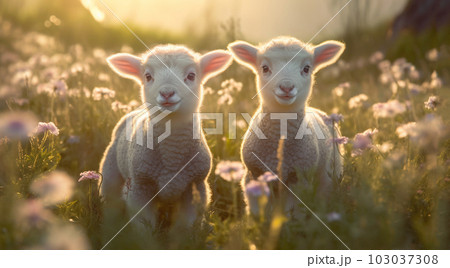 cute little lambs with sheep on fresh green meadow during sunrise Newborn lambs in flower field, cute summer landscape 103037308