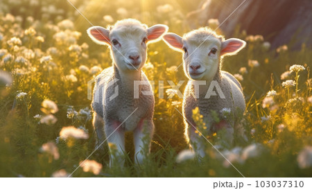 cute little lambs with sheep on fresh green meadow during sunrise Newborn lambs in flower field, cute summer landscape 103037310