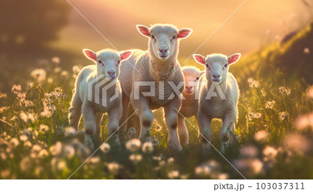 cute little lambs with sheep on fresh green meadow during sunrise Newborn lambs in flower field, cute summer landscape cute little lambs with sheep on fresh green meadow during sunrise Newborn lambs in flower field, cute summer landscape 103037311