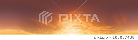 Sunset sky panorama with dramatic bright glowing pink Cirrus clouds. HDR 360 seamless spherical panorama. Full zenith or sky dome for 3D visualization, sky replacement for aerial drone panoramas. Sunset sky panorama with dramatic bright glowing pink Cirrus clouds. HDR 360 seamless spherical panorama. Full zenith or sky dome for 3D visualization, sky replacement for aerial drone panoramas. 103037439