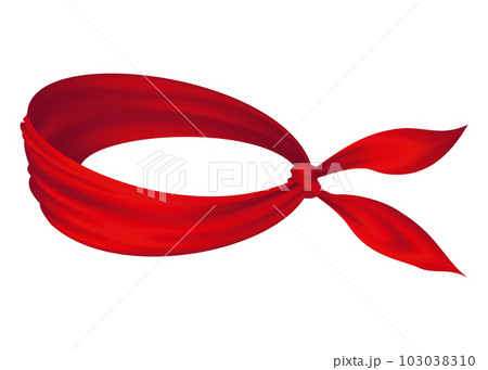 Red realistic bandana on neck. Youth fashion neck scarf or cowboy garment element template. Biker face scarf, bandanna neck shawl. Blank handkerchief unisex uniform. Western clothes 103038310
