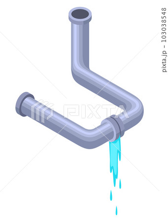 Leaking pipes isometric. Broken pipe tube with leaking water. Plumbing construction pipeline with damage element. 3d industrial water system 103038548