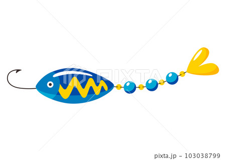 Fishing bait icon. Fish lure with hook isolated on white background. Contemporary fishery lure or wobbler. Fisher accessory. Vector fisherman equipment 103038799