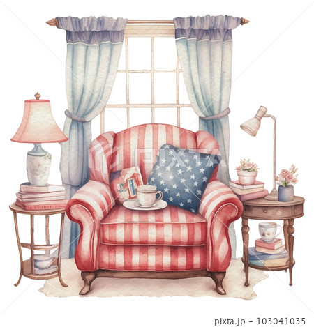 Watercolor 4th of July Independence Day Cozy Home Decoration with Sofa and Window Corner Illustration Clipart Watercolor 4th of July Independence Day Cozy Home Decoration with Sofa and Window Corner Illustration Clipart 103041035