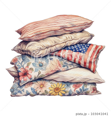 Watercolor 4th of July Independence Day Cosy Decoration Vintage Pile of Pillows Illustration Clipart 103041041