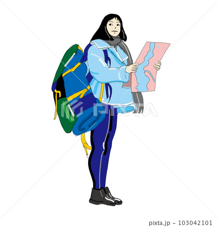 一人旅の女性のイラスト　線有り 103042101