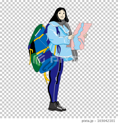 一人旅の女性のイラスト　線有り 103042101