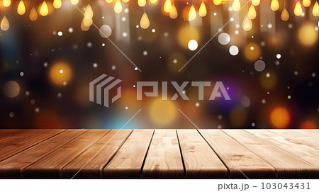 Empty wooden table top on blurred abstract bright bokeh background. 103043431