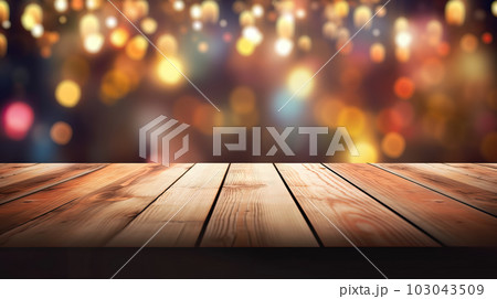 Empty wooden table top on blurred abstract bright bokeh background. Empty wooden table top on blurred abstract bright bokeh background. 103043509