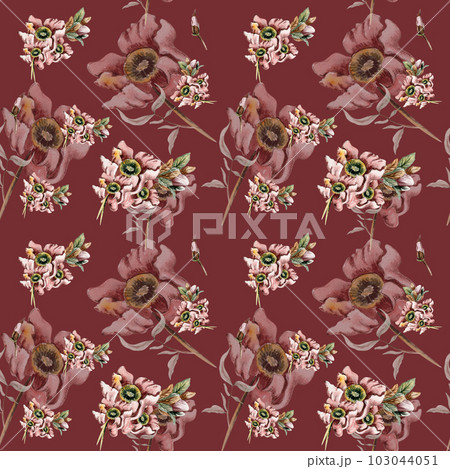 Fall harvest flower seamless pattern. Watercolor fall flowers, leaves and berries . Thanksgiving print.Background with beautiful fall flowers. Applicable for textiles, fabric, decor. 103044051