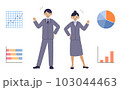 ガッツポーズをするスーツ姿の男女と、色々なグラフ 103044463