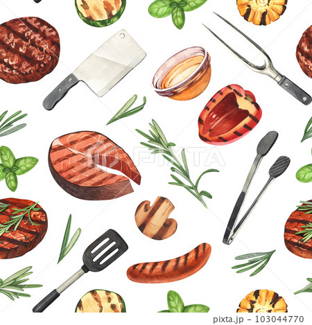Watercolor seamless pattern barbecue. Elements for cooking bbq - grill, chicken and meat. Hand-drawn illustration isolated on white background. Perfect concept food menu, food drawing, design packing 103044770