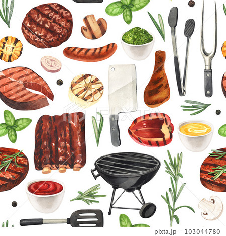Watercolor seamless pattern barbecue. Elements for cooking bbq - grill, chicken and meat. Hand-drawn illustration isolated on white background. Perfect concept food menu, food drawing, design packing Watercolor seamless pattern barbecue. Elements for cooking bbq - grill, chicken and meat. Hand-drawn illustration isolated on white background. Perfect concept food menu, food drawing, design packing 103044780