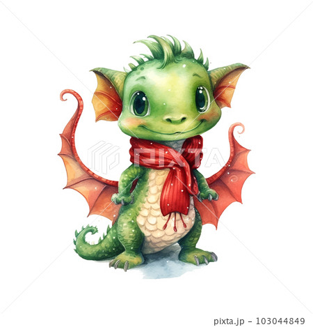 Fantasy cute dragon with christmas sweater, great design watercolor White color background. New Year 2024 Vector art illustration. Cartoon dragon Fantasy cute dragon with christmas sweater, great design watercolor White color background. New Year 2024 Vector art illustration. Cartoon dragon 103044849