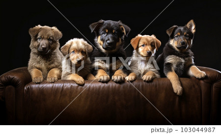 Litter Puppies in studio, portrait of cute puppy litter in a row on dark background, pets,dogs concept, adorable dog copy space 103044987