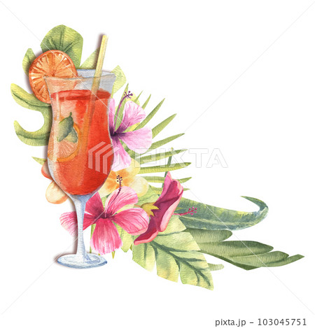 Cocktail on the background of tropical flowers, leaves, etc. Watercolour 103045751