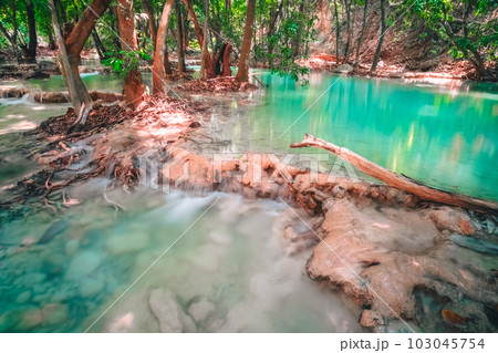 Hot Springs Onsen Natural Bath is Surrounded by red-yellow leaves. In fall leaves, Waterfall among many foliages, In fall leaves Leaf color change . 103045754