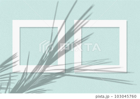 Natural light casts shadows from the palm branch on 2 square frames of white paper lying on a blue facture background. Mock up with an overlay of plant shadows Natural light casts shadows from the palm branch on 2 square frames of white paper lying on a blue facture background. Mock up with an overlay of plant shadows 103045760